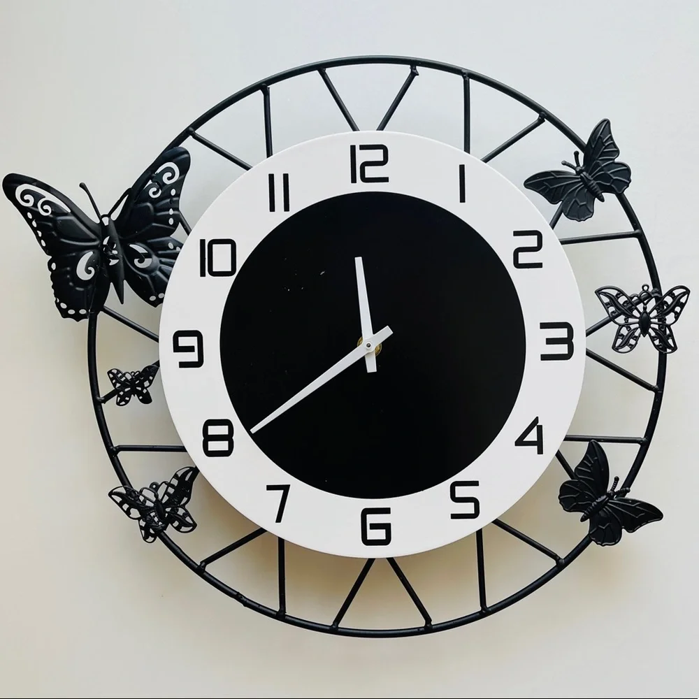 Black And White Metal Wall Clock With Butterfly Design Home Decor 13.5” Diameter
